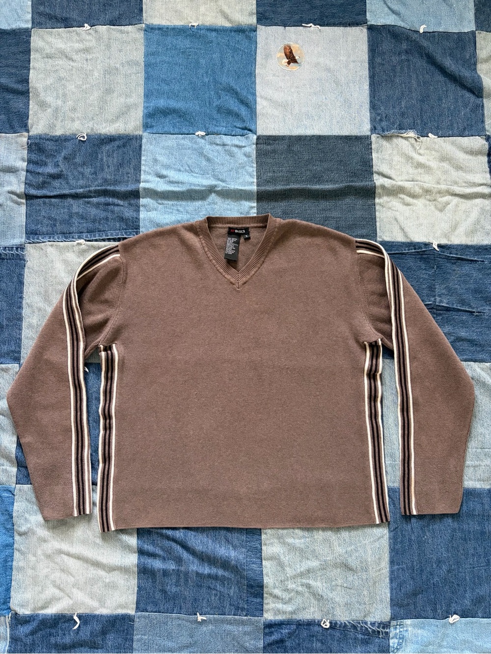 90s Striped Brown Knit Sweater V Neck Boxy Vintage NY Basics 100% Cotton Size S